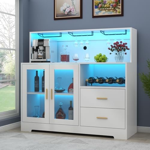Auromie Wine Bar Cabinet with LED Light, Home Coffee Cabinet with Wine and Glass Rack, Kitchen Buffet Sideboard with Storage Cabinet&Drawers, Modern Liquor Cabinet for Living Room Dining Room (White)