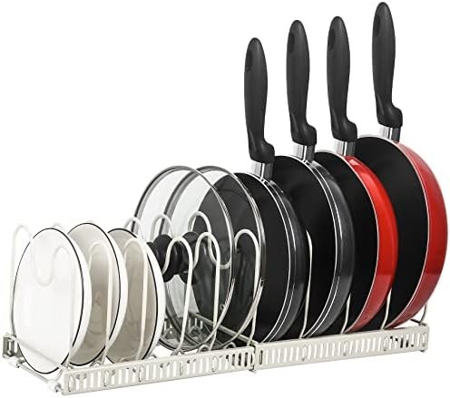 ROOHUA Pot Rack Organizer -Expandable Pot and Pan Organizer for Cabinet,Pot Lid Organizer Holder with 10 Adjustable Compartment for Kitchen Cabinet Cookware Baking Frying Rack(Apricot, 10)