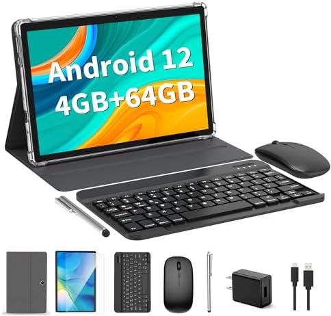 Android Tablet, 10 Inch Android 12 Tablet, 2 in 1 Tablet with Keyboard, Mouse, Case, Stylus, 4GB RAM 64GB ROM 1TB Expand, WiFi, Bluetooth, 8000mAh Battery, Google Certified(Silver)