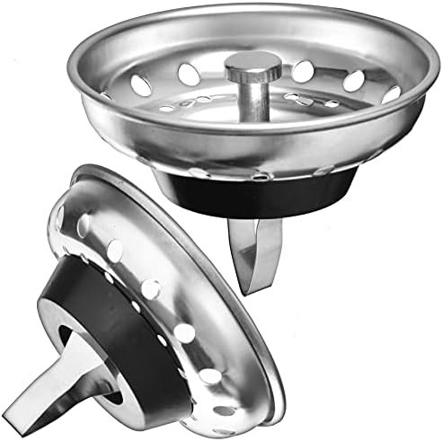 2 Pack – Kitchen Sink Strainer and Stopper Combo Basket Spring Clip Replacement for Standard 3-1/2 inch Drain, Stainless Steel Basket and Rod, Rubber Stopper Bottom