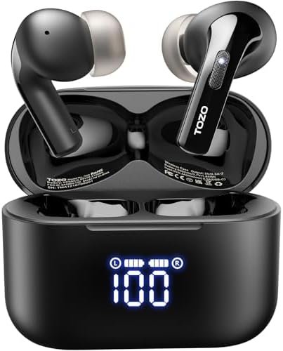 TOZO T20 Wireless Earbuds Bluetooth Headphones 48.5 Hrs Playtime with LED Digital Display, IPX8 Waterproof, Dual Mic Call Noise Cancelling 10mm Broad Range Speakers with Wireless Charging Case Black