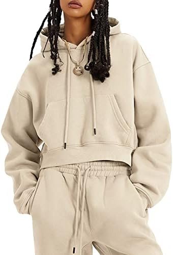 COZYPOIN Womens Fleece 2 Piece Outfits Sweatsuit Crop Top And Pants Hoodie Tracksuit Set
