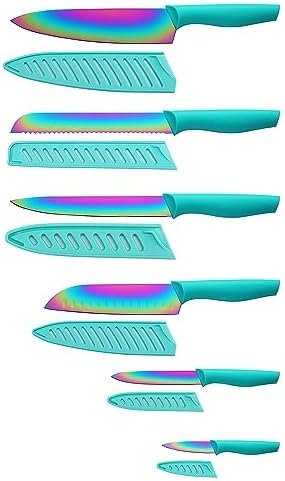 Marco Almond Kitchen Knife Set, KYA37 12-Piece Rainbow Titanium Stainless Steel Boxed Knives Set for Kitchen with Covers, 6 Knives with 6 Blade Guards