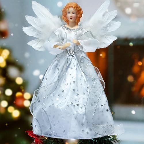 Christmas Angel Tree Topper w/White Feather Wings, Plug in Xmas Angel Treetop Star Ornament with10-Led Light Ivory for Home Holiday Party Christmas Trees Decorations – Silver, 12 Inch