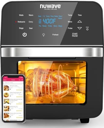 Nuwave Brio Air Fryer Oven, 15.5Qt X-Large Family Size, SS Rotisserie Basket &-Skewer Kit, Powerful 1800W, 50F-425F Temp Controls, Integrated Smart Thermometer