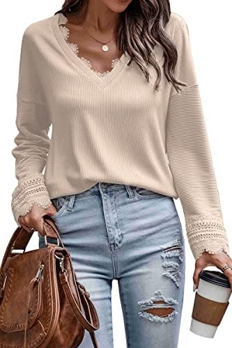 Trendy Queen Womens V Neck Lace Crochet 2023 Fall Long Sleeve Shirts Sexy Casual Fashion Clothes Tunic Tops Loose Blouses