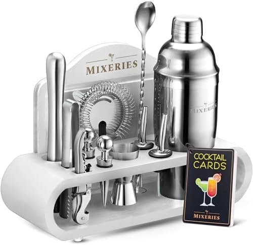 Mixology Bartender Kit with Stand – 18 Piece Bar Set Cocktail Shaker Set, Drink Mixer Set for Home Bar with All Bar Accessories – Bar Tool Set, Cocktail Kit, Mixology Set, Bar Kit (White)