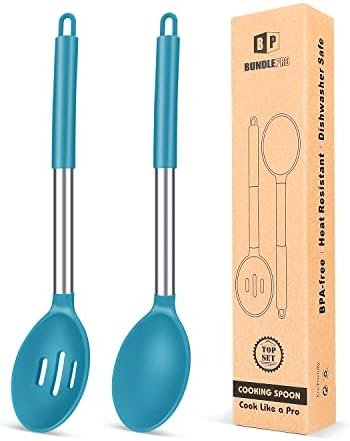 Pack of 2 Large Silicone Cooking Spoons,Non Stick Solid Basting Spoon,Heat-Resistant Kitchen Utensils for Mixing,Serving,Draining,Stirring (BLUE)