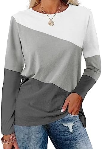 Minetom Women’s Color Block Tops Casual Long Sleeve Tunic Round Neck Pullover Shirts