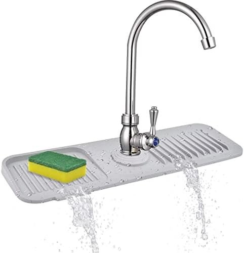 Burfocus Kitchen Sink Splash Guard, Silicone Faucet Handle Drip Catcher Tray Silicone Faucet Mat Kitchen Sponge Holder for Kitchen Sink Accessories Sink Protectors for Kitchen Sink （Grey17.7″ x 5.5″）