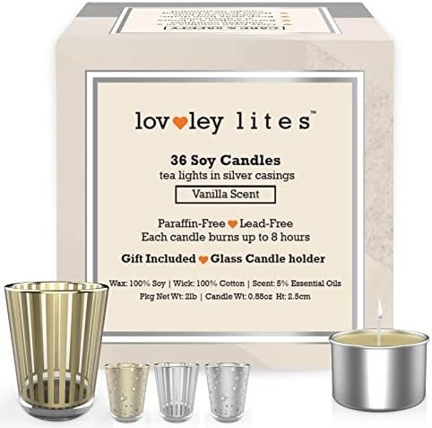 Lovley Lites Soy Tealight Candles Vanilla – 36 Premium Long Burning 1 Inch Tall Tea Lights Candles, Vanilla Scented with Essential Oils + Glass Candle Holder