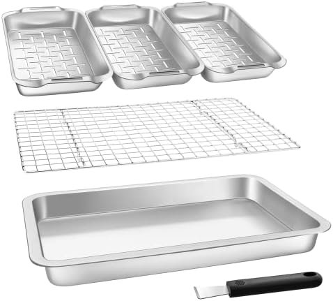 Grill Basket Set, 6-piece Stainless Steel Large Roasting Pan, 16.5″ x 11″ Pan with Cooling Rack, Great for Christmas Roast Chicken Meat, Grilling Gifts for Men