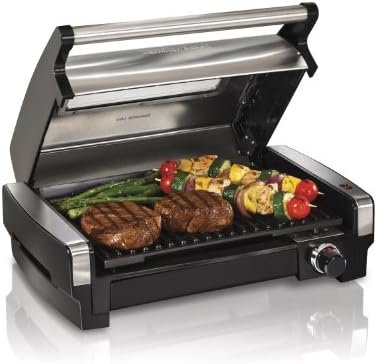 Hamilton Beach Electric Indoor Searing Grill with Viewing Window & Adjustable Temperature Control to 450F, 118 sq. in. Surface Serves 6, Removable Nonstick Grate, Stainless Steel