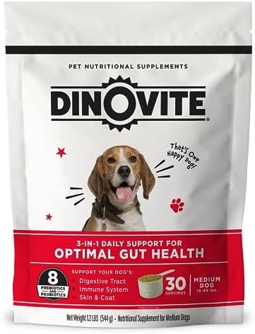 Dinovite Probiotic Supplement for Dogs – Omega 3 for Dogs – Hot Spot Relief – Skin & Coat Supplement for Dogs (30 Day Supply, Medium Dogs (18-45 lbs))
