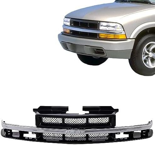 JustDrivably Replacement Parts Front Grille Grill Assembly Gray Mesh Type With Chrome Center Molding Bar Compatible With Chevrolet Blazer S10 1998-2005 Pickup Truck