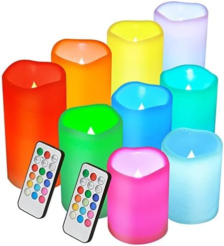 Enido 9 Pcs Color Changing Christmas Flameless Candles, Battery Operated LED Candles with Remote and Timer for Christmas Tree Decor, Fall Decor, Holiday Decor (D: 3” x H: 4”5”6”)