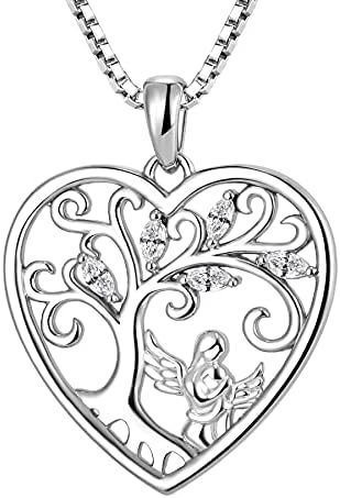 FJ Heart Angel Pendant for Mother 18K White/Yellow Gold Mom and Daughter Necklace 12 Birthstone