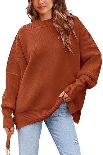 PRETTYGARDEN Women’s Oversized Sweater 2023 Casual Fall Crewneck Long Sleeve Loose Side Slit Ribbed Knit Pullover Tops