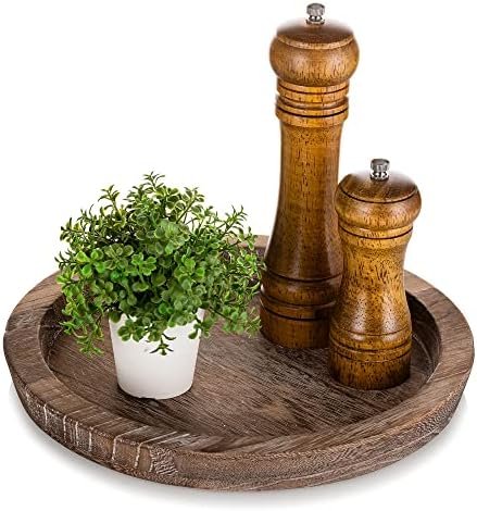 Hanobe Rustic Wooden Serving Tray – Round Wood Butler Decorative Tray Vintage Centerpiece Candle Holder Trays Farmhouse Ottoman Tray for Kitchen Countertop Home Decor for Coffee Table