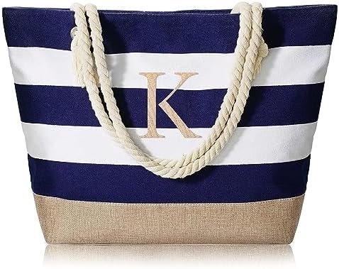 YOOLIFE Personalized Initial Canvas Beach Tote Bag with Zipper Gifts for Women Her Birthday Travel Beach Essentials