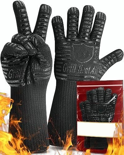Heat Resistant Silicone BBQ Gloves – Fire Protection up to 1472°F – Insulated Glove Set for Hot Barbecue, Grill, Smoker, Baking, Cooking, and Cutting – Indoor or Outdoor Mitts Fit Men and Women