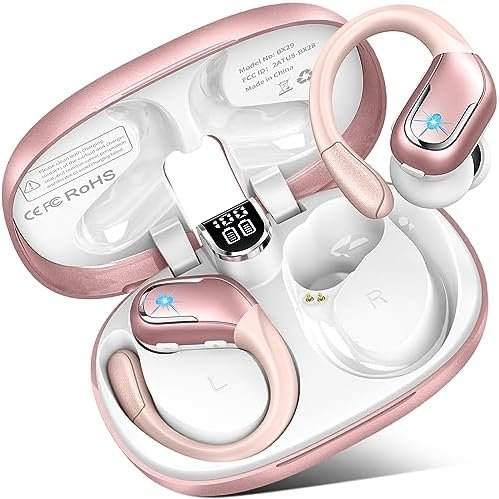 Wireless Bluetooth Earbud Sport, Bluetooth 5.3 Headphones with Noise Cancelling Mic, 75H HiFi Stereo Over Ear Earbud with LED Display and USB-C, IP7 Waterproof Earphones, Button Control, Rose Gold