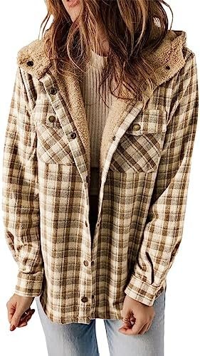 Dokotoo Womens Plaid Shacket Jacket Long Sleeve Button Down Fleece Hooded Jackets Warm Coat