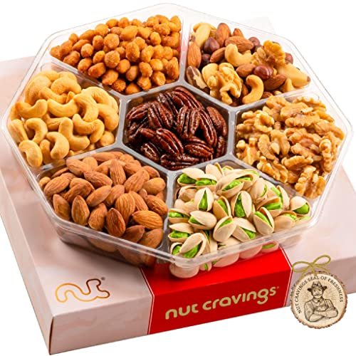 Nut Cravings Gourmet Collection – Holiday Christmas Mixed Nuts Gift Basket in Red Gold Box (7 Assortments, 1 LB) Xmas Arrangement Platter, Birthday Care Package – Healthy Kosher USA Made