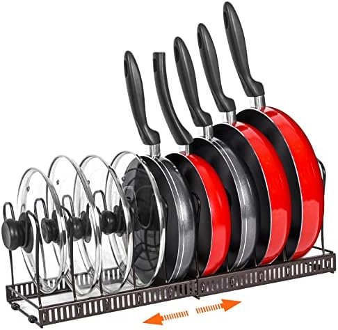 ROOHUA Pot Rack -Expandable Pan Organizer for Cabinet,Pot Lid Holder with 10 Adjustable Compartment for Kitchen Cabinet Cookware Baking Frying Rack,Bronze