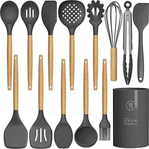14 Pcs Silicone Cooking Utensils Kitchen Utensil Set – 446°F Heat Resistant,Turner Tongs, Spatula, Spoon, Brush, Whisk, Wooden Handle Gray Gadgets with Holder for Nonstick Cookware (BPA Free)