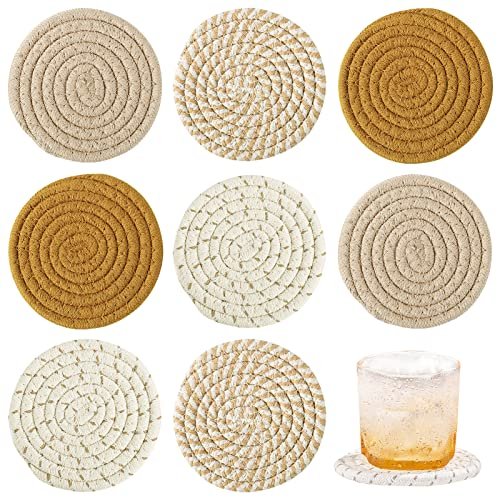 8 Pcs Boho Drink Coasters, 4 Styles Handmade Woven Absorbent Coasters for Kinds of Cups, Heat-resistant Cotton Coasters for Wooden Coffee Table Kitchen Home Decor Housewarming Gift(4.3in)