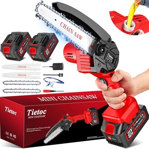 TIETOC Cordless Mini Chainsaw 6 Inch [Women Friendly] Small Battery Powered Electric Saws With Security Lock & Auto Oiler System, Super Handheld Rechargeable Chain Saw For Wood/Tree Cutting