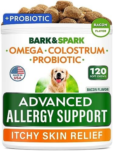 Advanced Dog Allergy Itch Relief Chews – Skin Probiotics w/Fish Oil Omega 3 – Itchy Skin Relief Pills – Anti Itching Licking – Skin Allergies Treatment Immune Supplement Colostrum -120 Treats Bacon