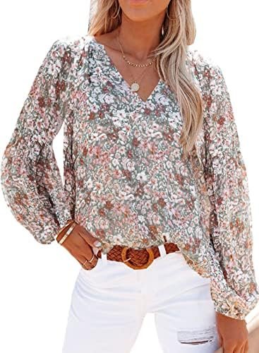 SHEWIN Women’s Casual Boho Floral Print V Neck Long Sleeve Loose Blouses Shirts Tops