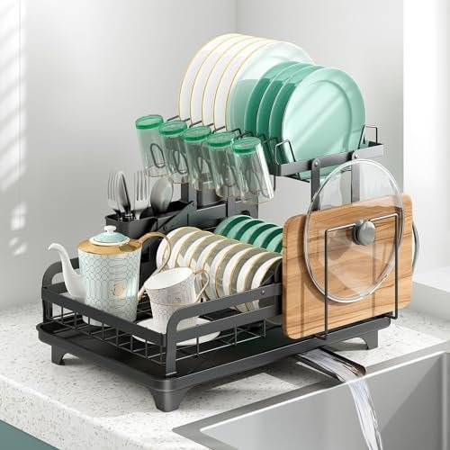 IBEDMAZIE Dish Drying Rack Large Size Without Installation 2-Tier Metal Dish Racks for Kitchen Counter with Drain Board Multifunctional Storage and Drainage (Black)