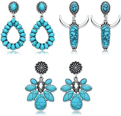 HANRESHE 3pcs Western Cowgirl Necklaces for Women Turquoise Pendant Necklace