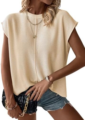 Milumia Women’s Casual Cap Sleeve Crew Neck Pullover Sweater Vest Loose Fit Knit Tops