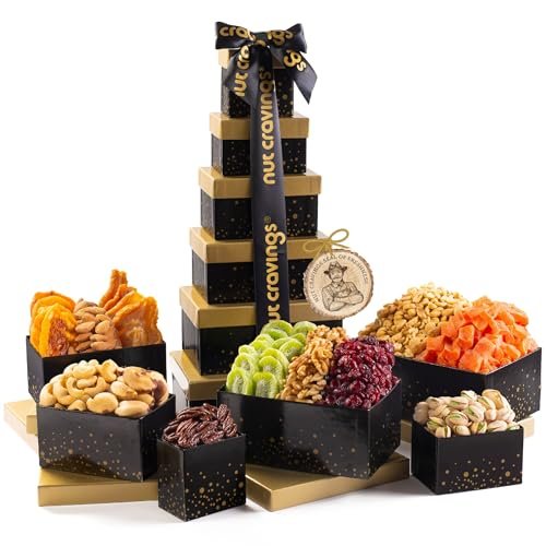 Nut Cravings Gourmet Collection – Holiday Christmas Dried Fruit & Mixed Nuts Gift Basket Black Tower + Ribbon (12 Assortments) Xmas Arrangement Platter, Birthday Care Package – Healthy Kosher USA Made