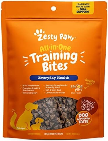 Zesty Paws Training Treats for Dogs & Puppies – Hip, Joint & Muscle Health – Immune, Brain, Heart, Skin & Coat Support – Bites with Fish Oil with Omega 3 Fatty Acids with EPA & DHA – PB Flavor – 12oz…