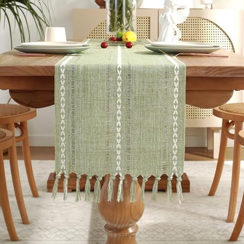 Laolitou Rustic Table Runner with Tassels, Cotton Linen Table Decoration for Christmas Holiday Party, Farmhouse Table Runners, Wedding and Dining Decorations, 72 Inches, Sage Green