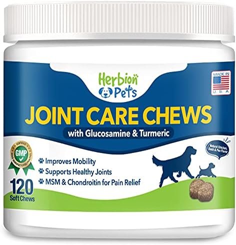 Herbion Pets Joint Care Chews with Glucosamine & Turmeric, 120 Soft Chews – MSM & Chondroitin for Pain Relief – Improves Mobility – Supports Healthy Joints – Made in The USA – for Dogs 12 Weeks+