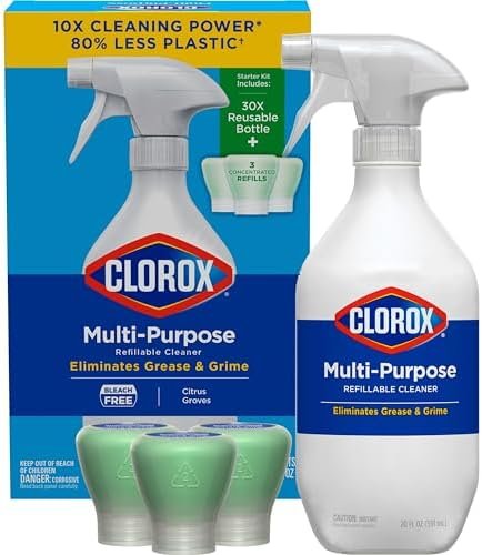 Clorox Multi-Purpose Cleaning Spray System Starter Kit, 1 All-Purpose Cleaner, 1 Spray Bottle and 3 Refills, Citrus Groves, 1.13 oz Each