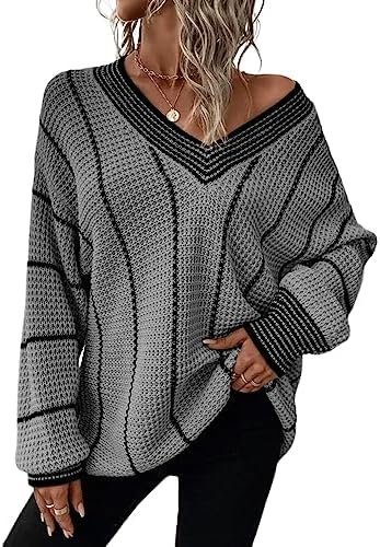 Dokotoo Womens Oversized Striped Tunic Long Sleeve Sweaters Casual V Neck Color Block Knit Pullover Jumper Tops