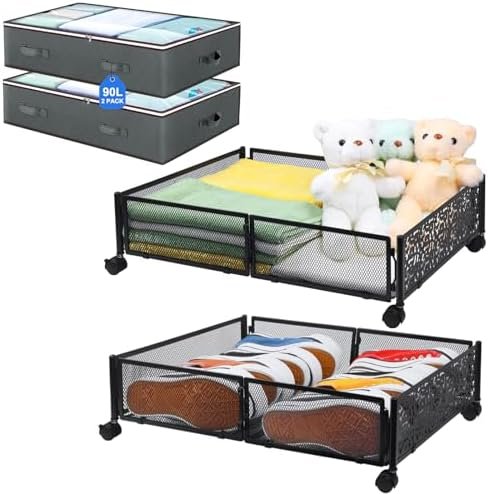 Idle Way 2 Pack Under Bed Storage Containers with Wheels & 2 Pack Storage Bags, Under Bed Shoe Storage Organizer Drawer Tool-free Assembly, Metal Storage Containers for Clothes Blankets Bedroom