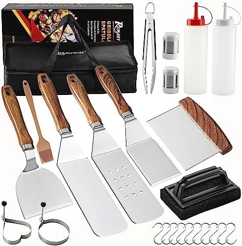 ROMANTICIST Professional Griddle Accessories Set with Carry Bag, Stainless Steel Grill BBQ Spatula Set, Complete Flat Top Grill Tools Kit for Men Women Indoor/Outdoor Hibachi Grilling