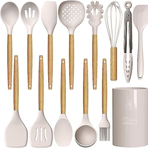 Silicone Cooking Utensils Set – 446°F Heat Resistant Silicone Kitchen Utensils for Cooking,Kitchen Utensil Spatula Set w Wooden Handles and Holder, BPA FREE Gadgets for Non-Stick Cookware (Khaki)
