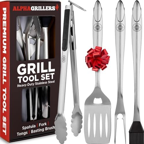 Alpha Grillers Grill Set Heavy Duty BBQ Accessories – BBQ Gifts Tool Set 4pc Grill Accessories with Spatula, Fork, Brush & BBQ Tongs – Grilling Cooking Gifts for Men Dad Durable, Stainless Steel