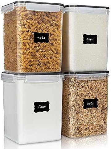 Vtopmart Large Food Storage Containers 5.2L / 176oz, 4 Pieces BPA Free Plastic Airtight Food Storage Canisters for Flour, Sugar, Baking Supplies, with 4 Measuring Cups and 24 Labels, Black