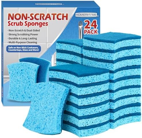 HOMERHYME Non-Scratch Cellulose Scrub Sponges 24 Pack, Kitchen Sponge with Double-Side & Ergonomic Design. Durable Sponge for Dishes, Coated Cookwares, Sink, Countertops.