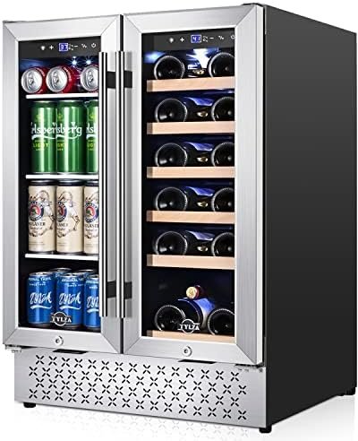 Tylza Wine and Beverage Refrigerator 24 Inch Dual Zone, French Door Wine and Beverage Cooler 24” Built-In or Freestanding Drink Fridge, Under Counter Beer Refrigerator